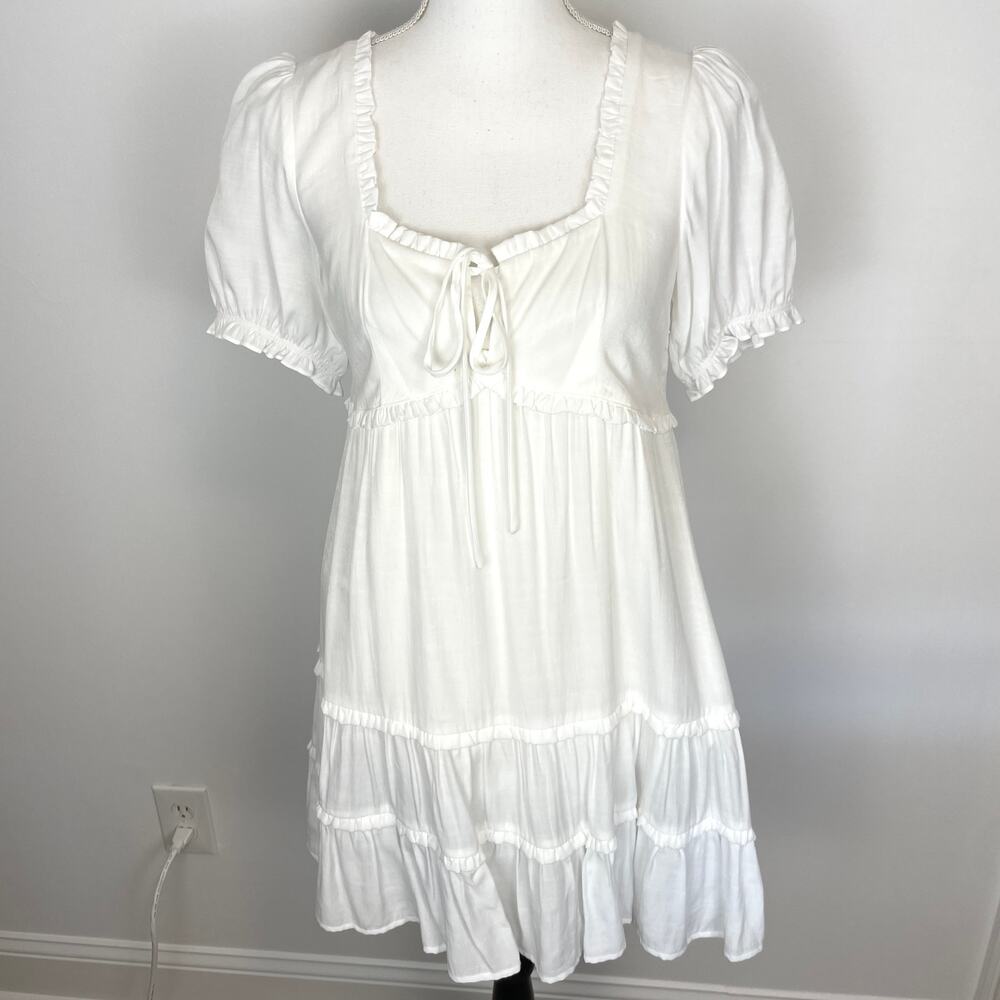 Le Lis Puffed Sleeve Square Neck Tiered Mini Dress In White Size Small New
